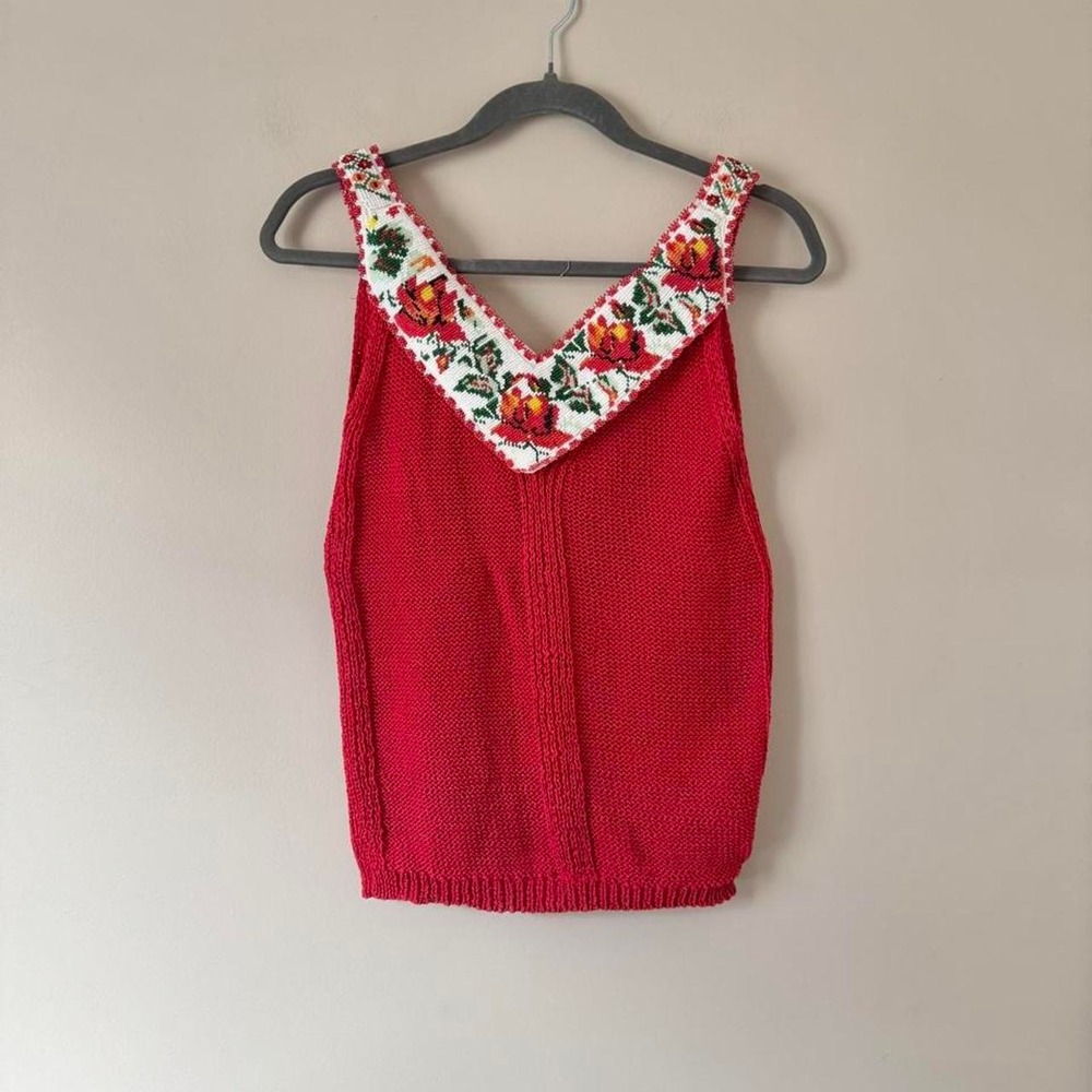 Vintage Upcycled Cherry Red beaded knit tank DKNY knit boho prairie native